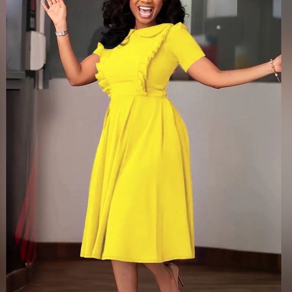 Bright YELLOW Dress Womens 2XL Short Sleeved Collared Polyester Knit Retro Pinup